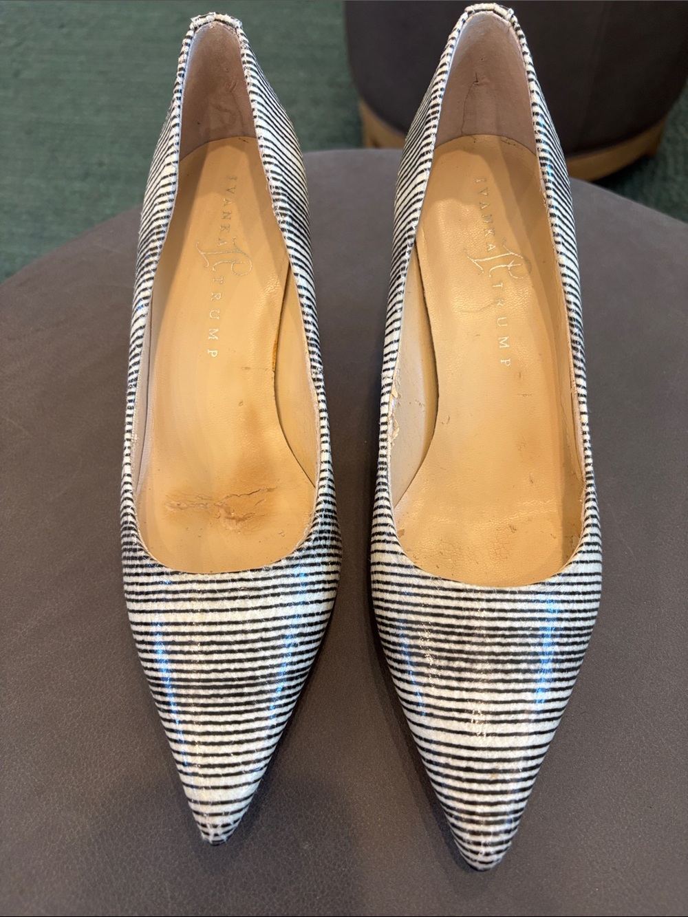 Ivanka Trump Black and White Striped Pointed Toe Pumps
